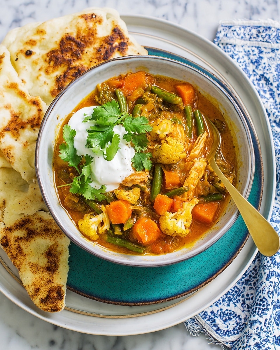 A brown bowl filled with a colorful vegetable curry showing orange carrots, green leafy vegetables, and light yellow cauliflower in a thick orange sauce. On top, a dollop of plain white yogurt is placed with a small sprig of fresh green cilantro and a sprinkle of black pepper. The bowl sits on a white plate with a dark rim, and beside the bowl, there are two pieces of folded flatbread with golden brown spots. A gold spoon rests inside the bowl. The setting is on a white marbled surface with a white and blue cloth beneath. Photo taken with an iphone --ar 4:5 --v 7