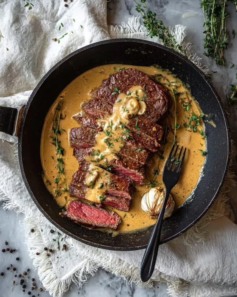 Cast Iron Bavette Steak with Whiskey Garlic Cream Sauce Recipe