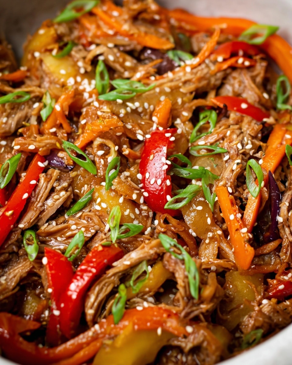 A close-up view of a dish with shredded cooked meat mixed with slices of red bell pepper and thin strips of carrot, all scattered inside a white bowl. The top is sprinkled with white sesame seeds and chopped green onions that add a fresh touch. The meat looks tender with a shiny brown glaze, while the vegetables add bright red and orange colors. The background surface has a white marbled texture. photo taken with an iphone --ar 4:5 --v 7