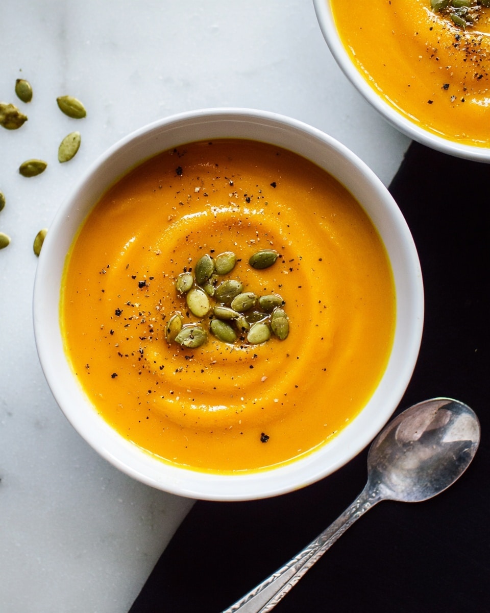 A smooth, thick layer of deep orange soup fills a white bowl, with a subtle swirl in the center showing its creamy texture. On top, a scattering of light green pumpkin seeds and a light dusting of black pepper add contrast and detail to the bright orange surface. The bowl sits on a clean, white marbled surface. Photo taken with an iphone --ar 4:5 --v 7