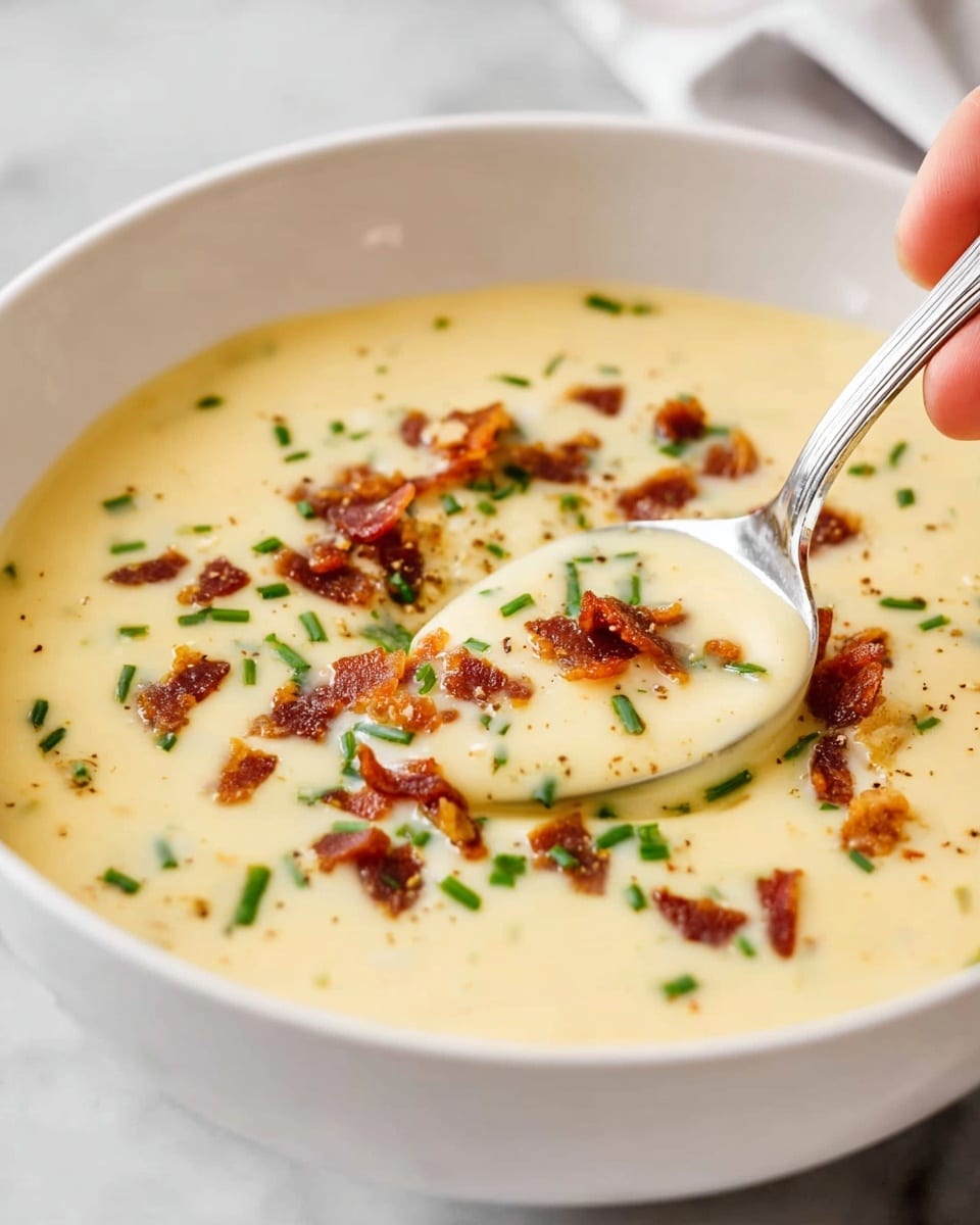 A white bowl filled with creamy, pale yellow soup that has a thick, smooth texture. On top, scattered crispy small brown bacon bits cover the surface evenly, mixed with small bright green chive pieces that add color contrast. A silver spoon is dipping into the soup from the right side, held by a woman's hand, slightly breaking the surface. The background is a white marbled texture. photo taken with an iphone --ar 4:5 --v 7