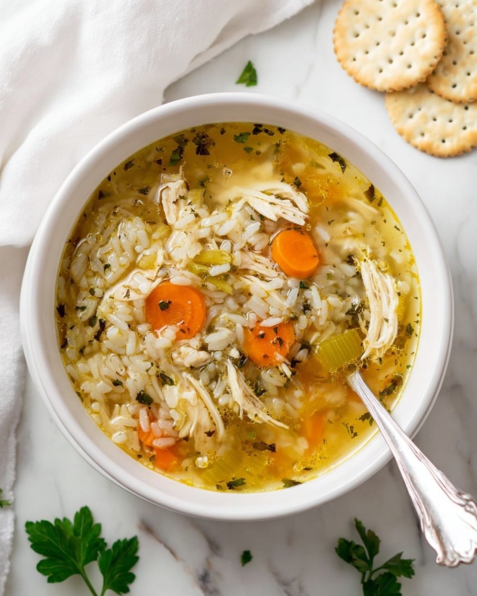 A white bowl filled with chicken and rice soup on a white marbled surface. The soup has several layers: a clear golden broth as the base, mixed with white rice grains, small round orange carrot pieces, pale yellow celery slices, and shredded white chicken pieces. Small green herb bits are sprinkled throughout the soup, adding color contrast. A silver spoon rests inside the bowl on the right side. In the background, there are three round crackers, a few green parsley leaves, and a white cloth. Photo taken with an iphone --ar 4:5 --v 7