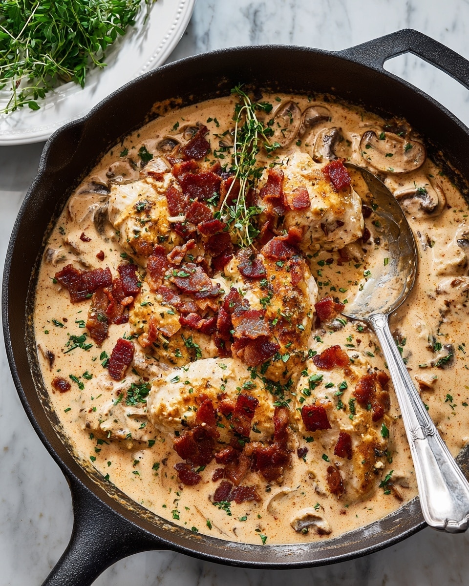 A close-up view of a skillet filled with creamy beige sauce covering soft ravioli pasta, topped with dark brown sautéed mushroom slices, crispy reddish-brown bacon pieces, and small green herb leaves scattered on top. The sauce looks thick and smooth, gently coating the pasta and mushrooms with a shiny texture. A silver spoon rests inside the skillet, slightly sinking into the sauce. The skillet is placed on a white marbled surface. Photo taken with an iphone --ar 4:5 --v 7
