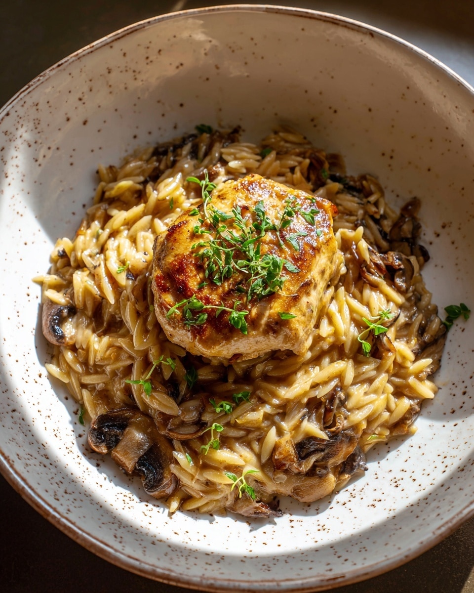 The dish shows a single layer in a white speckled plate, with creamy pale yellow pasta mixed with browned caramelized onions and small dark mushroom pieces spread evenly around the plate. In the center, there is a round, lightly browned piece of cooked meat topped with small green herb leaves that are scattered across the dish. Two silver forks rest on the plate, one to the left and one to the right of the meat, blending partly into the food. The plate is placed on a dark surface with a bit of a warm light shining on the food, creating shadows and highlights. Photo taken with an iphone --ar 4:5 --v 7