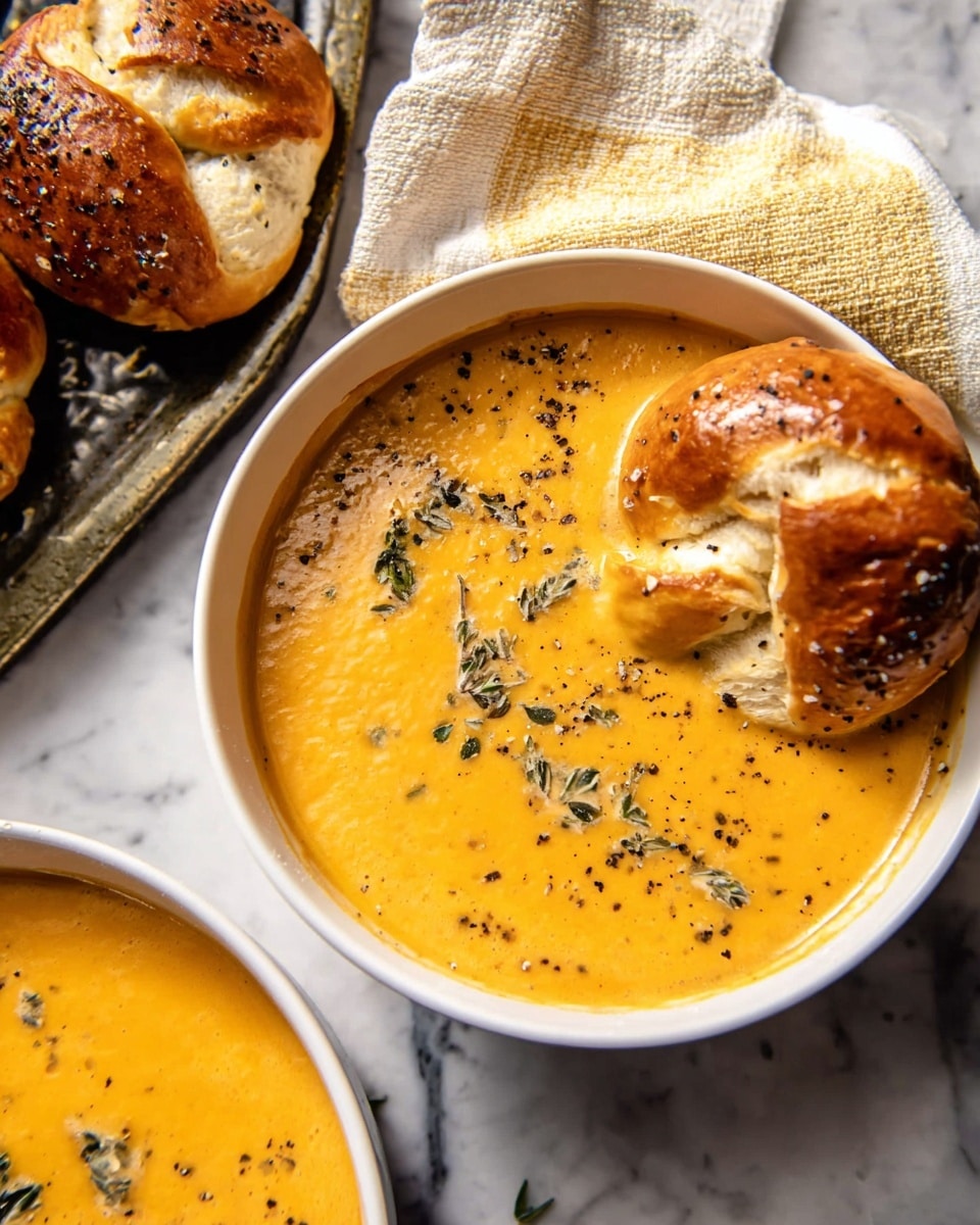 A white bowl filled with creamy orange soup, showing small herbs and black pepper flakes on top, with a piece of soft, twisted pretzel bread dipped into the soup resting on the edge of the bowl. Nearby, another white bowl also holds the same soup. The backdrop is a white marbled texture, with a corner of a beige and yellow cloth napkin and some more pretzel bread pieces visible around the bowls. Photo taken with an iphone --ar 4:5 --v 7