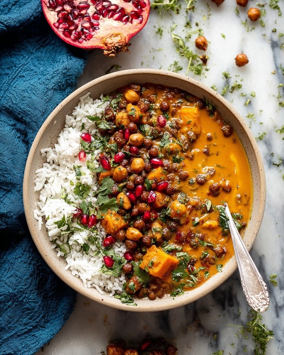 A white bowl filled with two main layers: on one side is white rice topped with chopped green herbs and crispy brown chickpeas, on the other side is a thick orange-brown lentil curry with dark green leafy vegetables mixed in, also garnished with some red pomegranate seeds and fresh green herbs scattered on top. A silver spoon rests inside the bowl on the curry side. The bowl sits on a white marbled surface with a blue cloth to the left and halved pomegranate with seeds visible at the top right. Some herbs and chickpeas are scattered around the bowl. Photo taken with an iphone --ar 4:5 --v 7