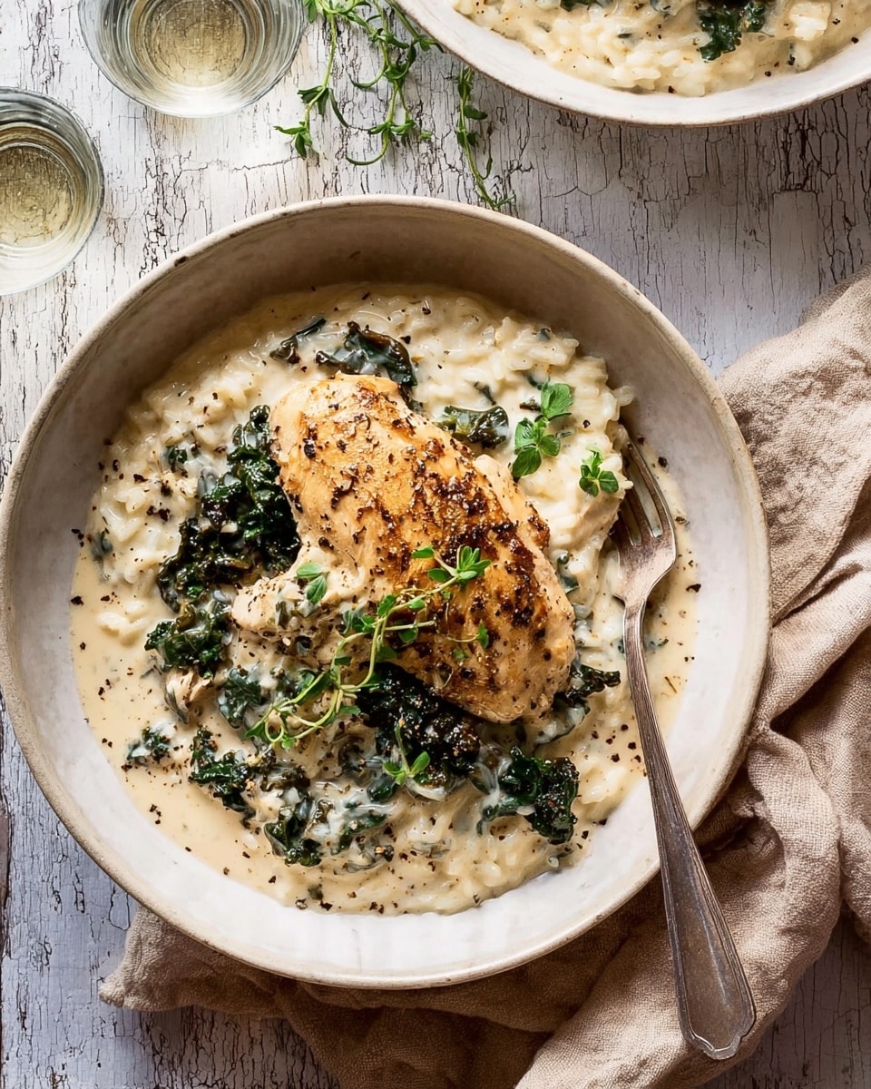 A white bowl holds a creamy rice base smooth and thick, topped with a golden-brown cooked chicken piece centered on top, surrounded by scattered dark green leafy kale pieces mixed in the sauce. The pale cream sauce with specks of seasoning lightly covers the rice and chicken. Small green herb sprigs rest gently on the dish for garnish. A silver fork leans on the bowl’s edge, and the bowl sits on a white marbled textured surface with a soft beige cloth nearby, with two small clear glasses also partially visible. Photo taken with an iphone --ar 4:5 --v 7