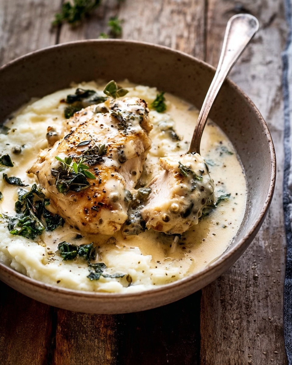 The image shows a shallow bowl filled with a creamy white base with a slightly grainy texture, likely mashed potatoes or a similar puree. On top, there is one large piece of cooked chicken with a light brown, slightly seared surface and a creamy sauce covering parts of it. Small dark green leafy herbs are scattered on and around the chicken and puree. A silver fork is placed inside the bowl, resting against the chicken, with some of the creamy sauce on its tines. The bowl sits on a rustic wooden surface. Photo taken with an iphone --ar 4:5 --v 7