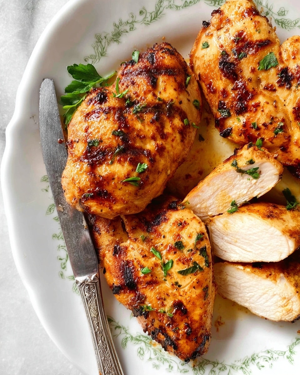 The image shows a close-up of four grilled chicken pieces arranged on a white plate with a delicate green leaf pattern along the edge. The chicken has a golden-brown color with char marks and a slightly rough texture, topped with small bits of fresh green parsley scattered across. Part of the chicken on the top right is sliced into thick white pieces showing a moist inside with a smooth texture. On the left side of the plate, there is a vintage-style silver knife with a detailed handle resting near the chicken pieces. The plate sits on a white marbled surface photo taken with an iphone --ar 4:5 --v 7