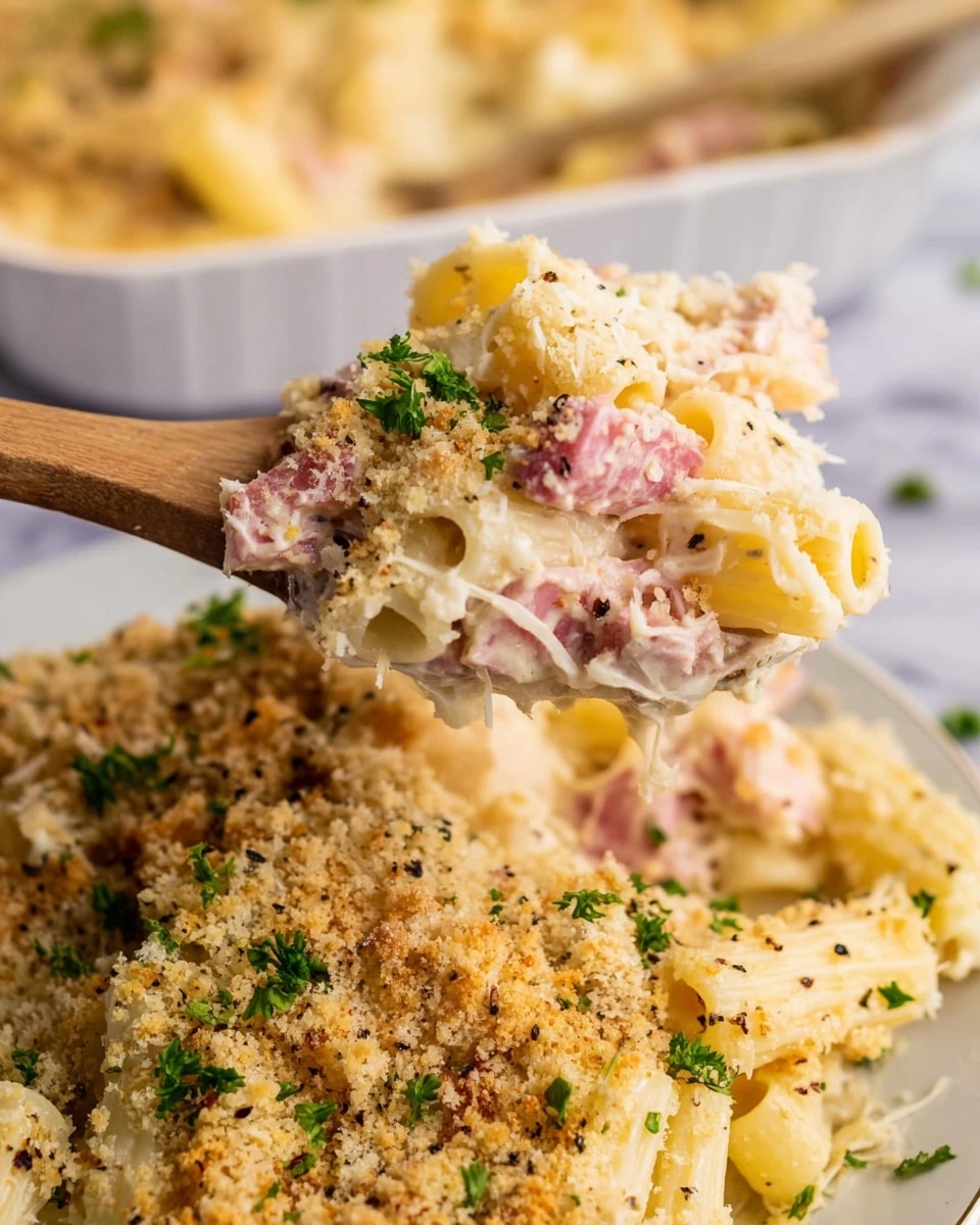 The dish shows a white plate with a golden rim holding a serving of baked pasta made of penne noodles mixed with chunks of pink ham and white chicken pieces. The pasta is covered in a creamy sauce and topped with a golden breadcrumb crust sprinkled with chopped green parsley and black pepper. A gold fork rests on the edge of the plate. Near the plate, there is a white baking dish filled with the same pasta bake featuring the same topping. The background is a white marbled texture with small bits of parsley scattered around. Photo taken with an iphone --ar 4:5 --v 7