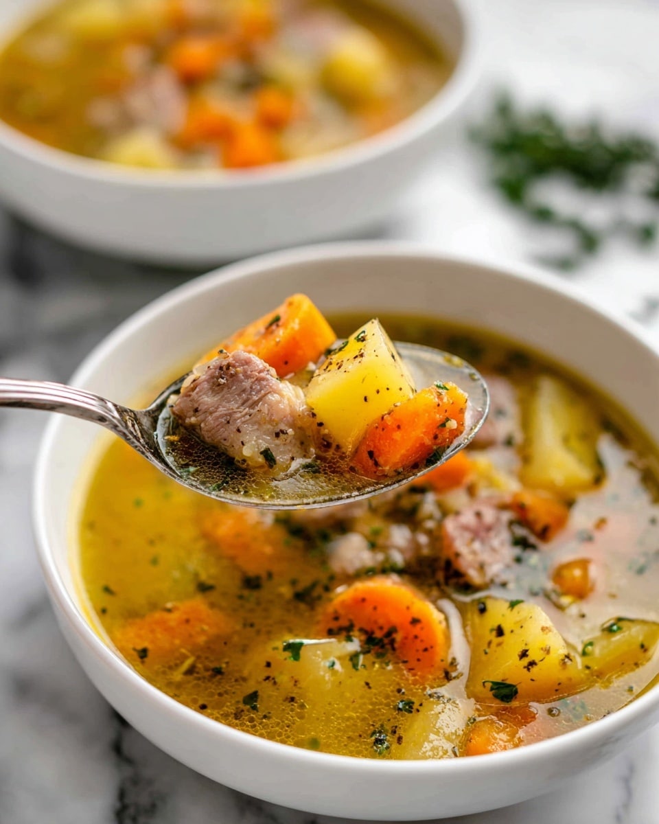 A white bowl filled with a thick vegetable and meat soup sits on a white marbled surface. The soup has chunks of orange carrots, pale yellow potatoes, and pieces of light brown meat, all floating in a clear, golden broth speckled with tiny green herbs and black pepper. A silver spoon is held above the bowl by a woman's hand, scooping up a mix of carrots, potatoes, and meat. Another white bowl with the same soup is partially visible in the background, along with some green leafy herbs blurred out. photo taken with an iphone --ar 4:5 --v 7
