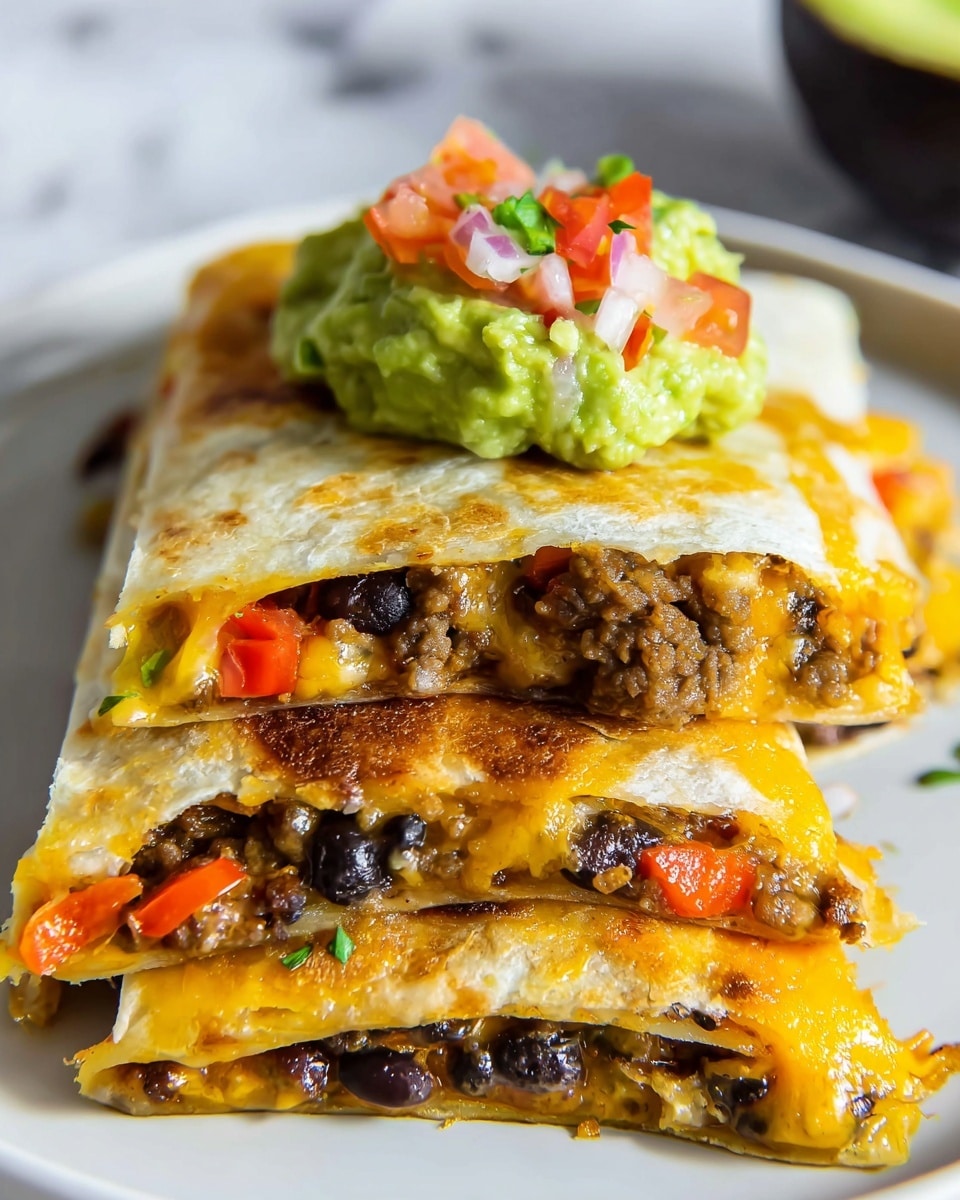 A stack of three folded quesadilla pieces sits on a white plate on a white marbled surface, each piece showing a golden brown grilled tortilla with melted yellow cheese, black beans, and orange bell pepper inside. The top quesadilla slice is garnished with a small scoop of bright green guacamole and small diced red tomatoes, adding fresh color contrast. The edges of the tortillas are slightly crispy and layered unevenly to create a rustic look, with some melted cheese visible along the seams. The background is softly blurred, focusing on the quesadilla stack in front. Photo taken with an iphone --ar 4:5 --v 7