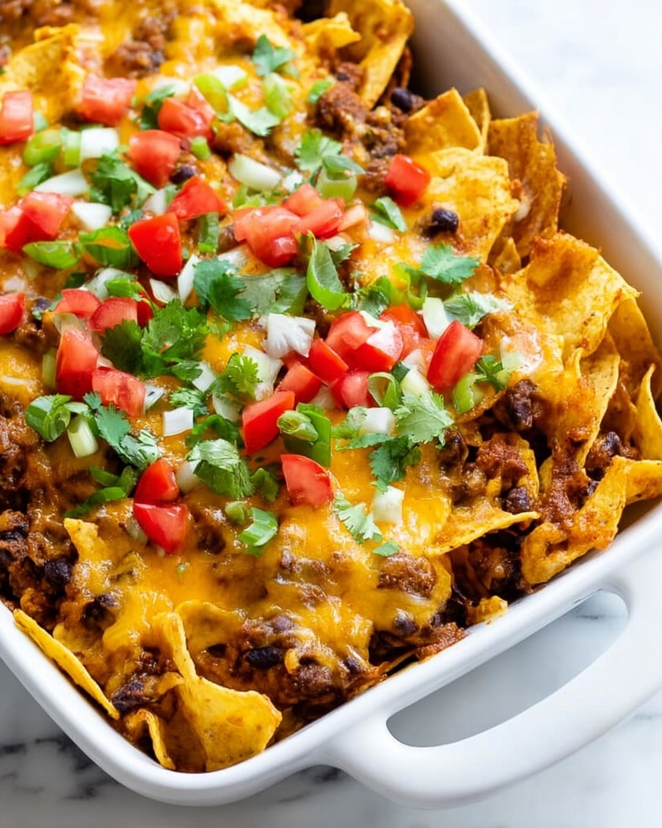 The image shows a white rectangular baking dish filled with layered nachos. The bottom layer consists of crunchy yellow corn chips, topped by browned meat mixed with melted cheese in golden yellow color. On top, there are diced red tomatoes and chopped green onions scattered evenly, adding bright red and green contrast. A fresh green cilantro leaf is placed as garnish near one edge. A silver spoon is resting in the dish, scooping some nachos. The dish is set on a white marbled surface with some chips scattered around the edges. Photo taken with an iphone --ar 4:5 --v 7
