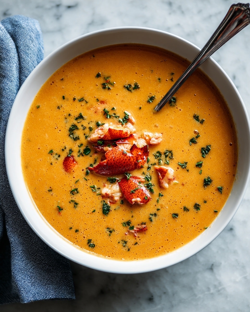 A large white bowl filled with creamy orange soup, topped with small pieces of red lobster meat and green parsley flakes scattered across the surface. A metal ladle with a long handle rests inside the bowl, slightly lifting some soup and lobster pieces. The bowl is set on a textured white marbled surface, with a folded blue cloth partially visible under one side. To the upper left of the bowl, there are four old silver spoons stacked on a white cloth. In the top right corner, two wooden spoons hold black pepper and white salt. Photo taken with an iphone --ar 4:5 --v 7