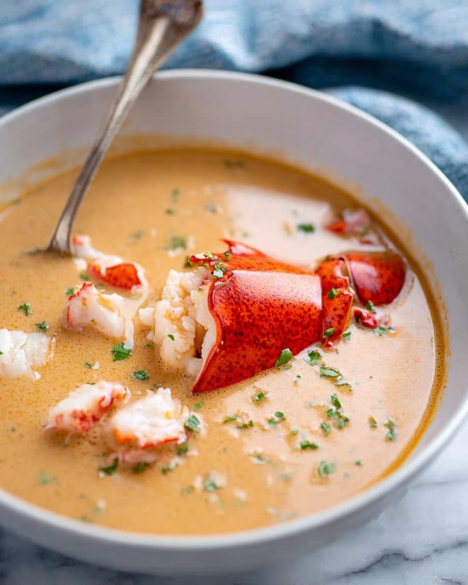 A white bowl filled with creamy light brown soup, with visible chunks of white and reddish lobster meat floating in it. One large lobster claw sits prominently in the center, partially submerged in the soup. The surface of the soup is sprinkled with small green herb pieces. A silver ladle is held just above the bowl by a woman's hand, angled as if ready to serve. The background is a white marbled surface with some soft blue fabric slightly blurred in the distance. photo taken with an iphone --ar 4:5 --v 7