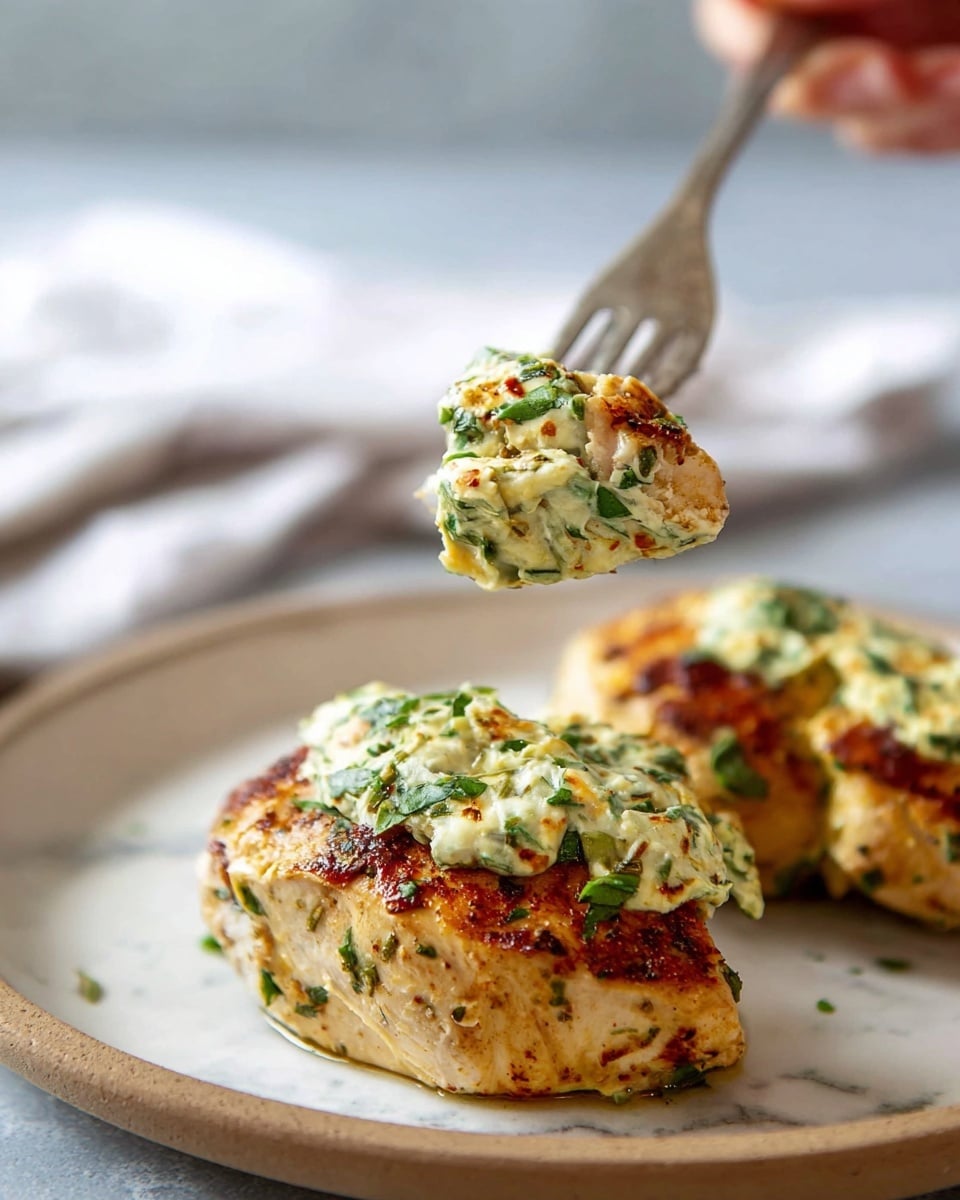 The image shows two golden-brown cooked pieces of chicken placed on a white plate with a white marbled texture beneath. Each chicken piece is topped with a thick creamy mixture filled with green leafy herbs, giving a colorful contrast. One piece is held by a fork with a woman's hand visible on the left side, showing the creamy topping clearly. The background is soft and neutral, highlighting the focus on the chicken and its creamy herb topping. photo taken with an iphone --ar 4:5 --v 7