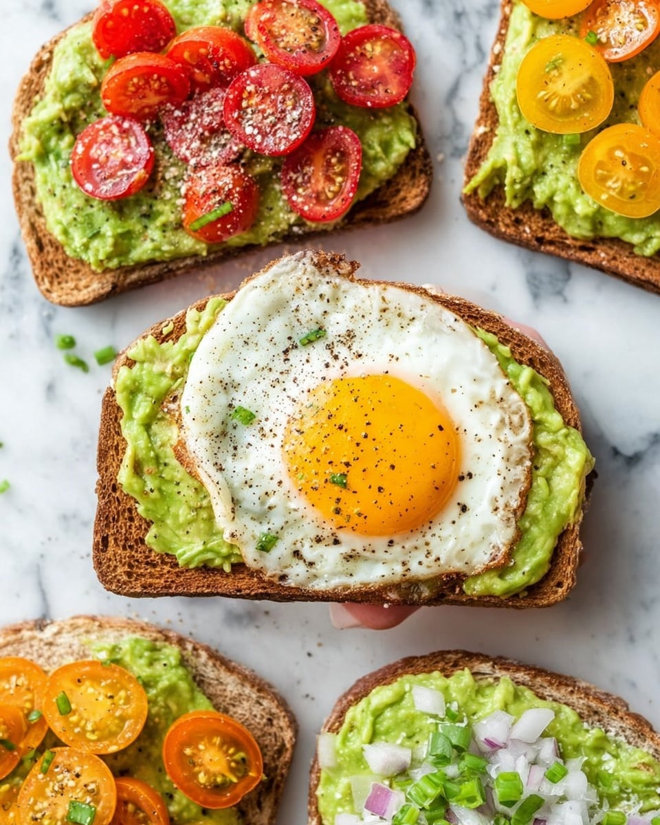 The image shows slices of toasted bread spread with a thick layer of green mashed avocado. One slice has a topping of mixed red and yellow cherry tomato halves, arranged in a small pile in the center. Another slice is topped with a layer of cooked light brown mushrooms scattered evenly. There is also a slice with a cooked sunny-side-up egg placed on the right edge, showing a bright yellow yolk and white edges. Another slice features thin red onion slices and small green herbs on top. All the slices rest on a white marbled surface. photo taken with an iphone --ar 4:5 --v 7