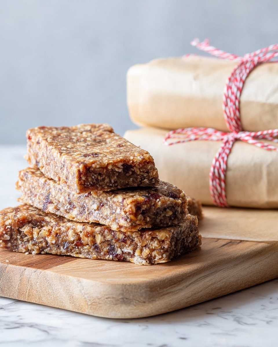 The image shows several stacked granola bars placed on a wooden board. Each granola bar has a rough texture with small visible pieces of nuts and oats, creating a speckled light brown and dark brown color. The bars are rectangular and vary slightly in thickness. In the background, there are three rectangular packages wrapped in beige parchment paper with red and white twisted string tied around them. The setting has a clean white marbled surface beneath the wooden board and a soft light blue-gray background that blurs into the distance. photo taken with an iphone --ar 4:5 --v 7