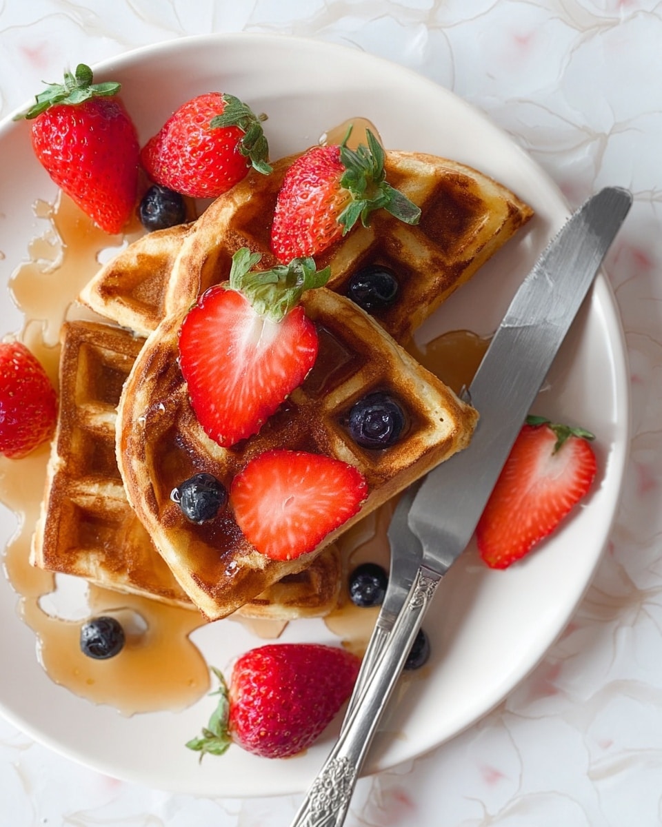 A white plate holds two thick, golden-brown waffles with clear square patterns. On top of the waffles and around them are fresh red strawberries, some whole with green leaves and some sliced, along with small dark blue blueberries. There is a light drizzle of amber syrup pooling in some waffle squares and on the plate. A silver knife and fork rest diagonally on the bottom waffle piece on a white marbled surface background. photo taken with an iphone --ar 4:5 --v 7