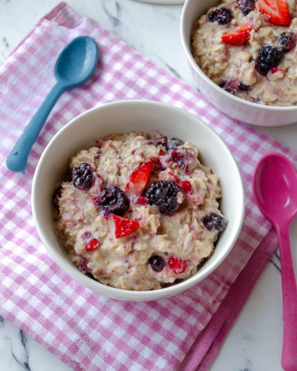 Two white bowls are filled with oatmeal mixed with blueberries, blackberries, and strawberries, giving the oatmeal a lumpy texture with red, blue, and purple spots throughout. The oatmeal looks creamy and thick. One bowl is centered while the other is partially visible. Both bowls sit on a pink and white checkered cloth on a white marbled surface. A blue spoon rests above the bowls and a pink spoon lies below, both near the bottom edge of the image. Photo taken with an iphone --ar 4:5 --v 7