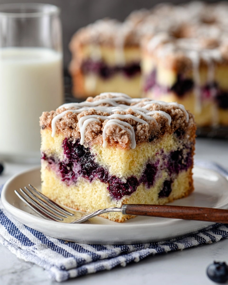 A close-up of a square piece of crumb cake on a white plate, showing three layers: a light yellow soft cake bottom layer, a middle layer with dark purple berry filling, and a top layer with crumbly brown streusel sprinkled with white icing drizzled over it. In the background, there are more similar cake pieces blurred out and a glass of milk. The surface below is white marbled texture with a wooden spoon nearby. Photo taken with an iphone --ar 4:5 --v 7
