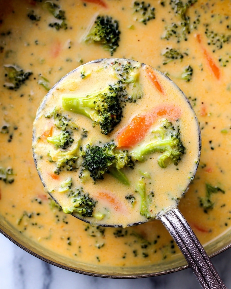 A large ladle holding creamy soup filled with bright green broccoli florets and soft orange carrot slices, the soup base is thick and pale yellow with a smooth texture, the vegetables appear tender and well mixed throughout. The soup background has the same creamy pale yellow color scattered with broccoli pieces, set against a white marbled surface. photo taken with an iphone --ar 4:5 --v 7