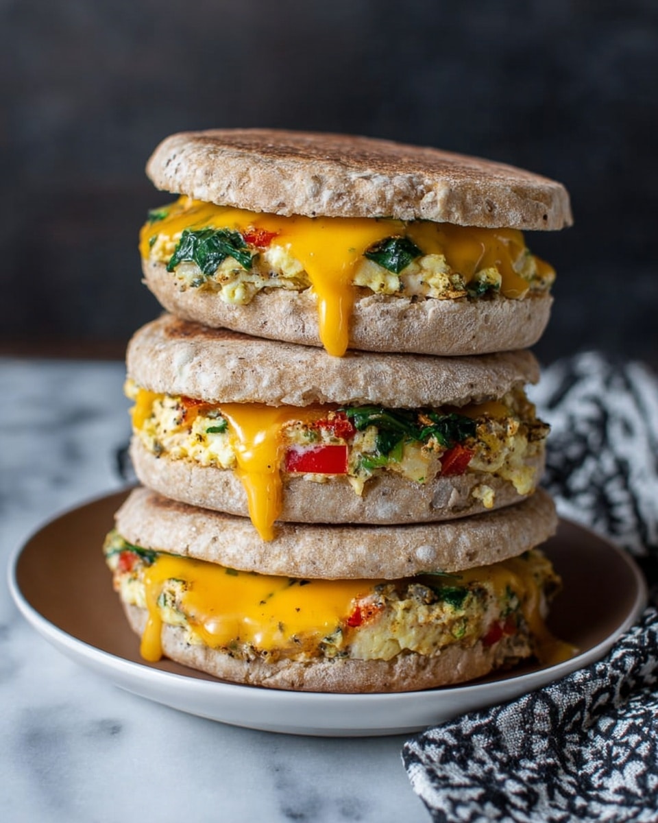 A stack of four sandwich layers is shown on a white plate, each sandwich made with two light-brown oat-topped round flatbreads. Between the bread layers, there is a thick layer of cooked egg mixed with green spinach and red pieces of bell pepper. Bright yellow melted cheese slices slightly drip out from between the bread and egg layers. The sandwiches have a soft but slightly textured look on top, and they are placed on a white marbled surface with a dark blurred background. A black and white patterned cloth is partly visible on the right side of the plate. Photo taken with an iphone --ar 4:5 --v 7
