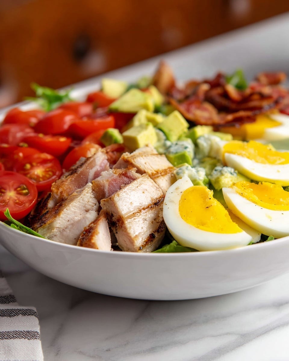 A white bowl with green leafy lettuce base holds layers of fresh ingredients arranged side by side: bright green avocado chunks on the left, halved red grape tomatoes next to it, light pink slices of cooked chicken in the center, quartered hard-boiled eggs with yellow yolks to the right, crispy dark brown bacon bits next to the eggs, and crumbled white-blue cheese on the far right. Around the bowl are a wooden plate with bacon strips and bits, a glass bowl with more crumbled cheese, two red tomatoes on the vine, half an avocado, and a black checkered cloth on a white marbled surface. Photo taken with an iphone --ar 4:5 --v 7