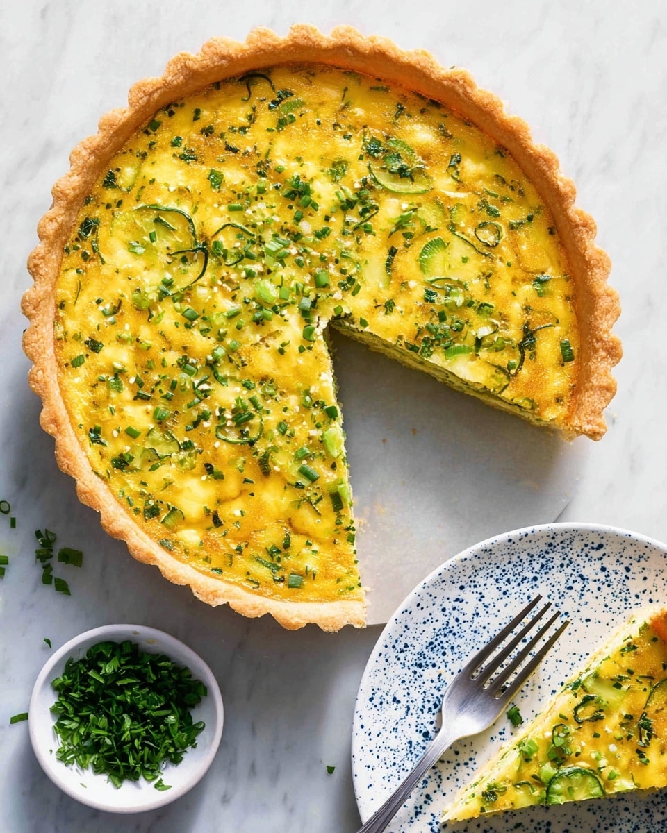 A golden-yellow quiche with a flaky light brown crust sits on a white marbled surface. The quiche filling has green herbs and small slices of green vegetable scattered evenly throughout, giving a fresh look. One slice is cut and placed on a white plate with a blue speckled pattern, topped with a silver fork. There is a small white bowl with finely chopped green herbs nearby. The overall presentation is clean and bright. photo taken with an iphone --ar 4:5 --v 7