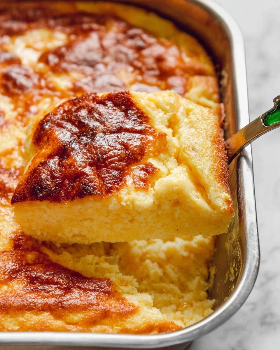 A close-up of a baked dish in a shiny metal pan showing three layers: the bottom layer is soft and slightly crumbly with a pale yellow color, the middle layer appears creamy and smooth with a lighter yellow shade, and the top layer is golden brown with a shiny, slightly crispy texture and darker spots from baking. A metal spoon with a green handle is lifting a piece from the pan, revealing the layers clearly. The background is a white marbled texture. photo taken with an iphone --ar 4:5 --v 7