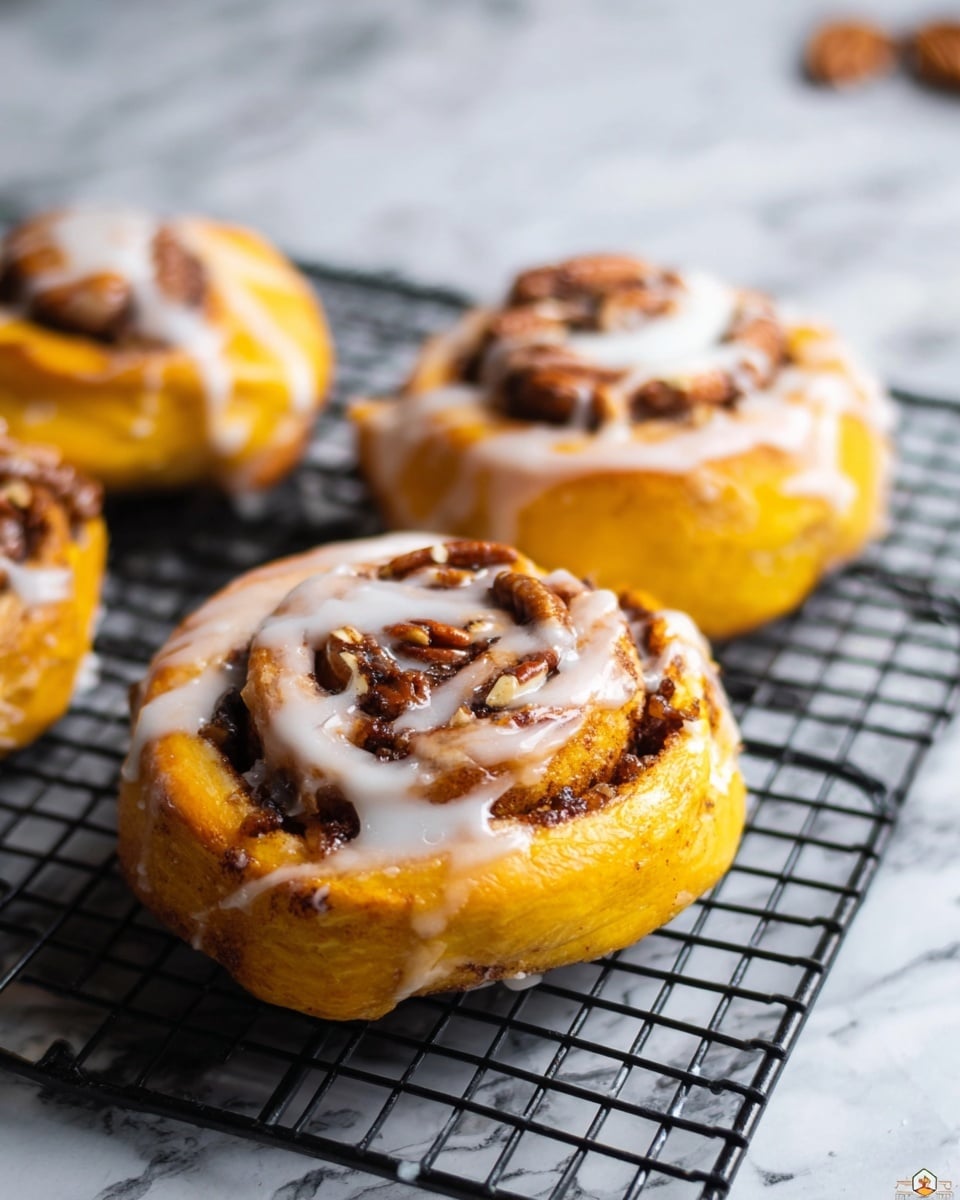 The image shows six cinnamon rolls arranged closely in a white baking dish on a white marbled surface. Each roll has an outer layer of golden brown dough with a spiral of dark brown cinnamon filling inside, visible from the top. The rolls are topped with a smooth, white glaze lightly drizzled over each one, adding a shiny texture that contrasts with the matte surface of the dough and filling. The glaze pools slightly around the base of the rolls, making the dish look fresh and moist. photo taken with an iphone --ar 4:5 --v 7