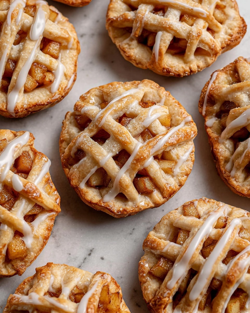 The image shows several small round pastries with golden-brown crusts arranged close together on a white marbled surface. Each pastry has a lattice top with thin strips of dough woven over diced apple filling that has a warm, cinnamon color. The edges of the pastries are crimped to seal the filling inside. White icing is drizzled over the top of each pastry in thin, uneven lines, adding a glossy texture that contrasts with the matte crust. The pastries have a slightly rough surface from the baking process. photo taken with an iphone --ar 4:5 --v 7