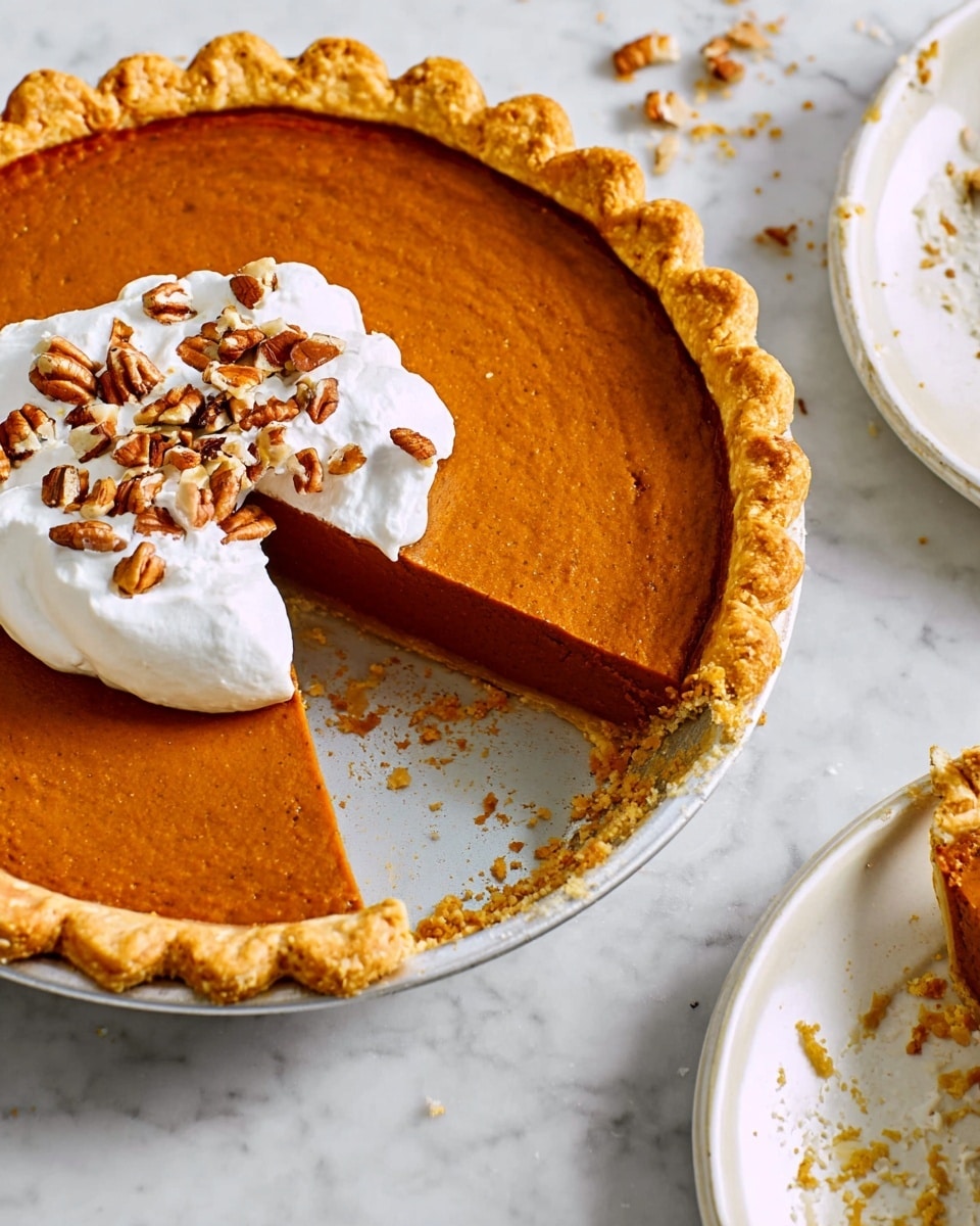 A round pumpkin pie with a golden, crimped edge crust sits on a white marbled surface. The pie filling is a smooth orange color and has one slice removed, revealing its thick and even texture. On top of the pie is a dollop of white whipped cream with small pieces of chopped pecans sprinkled over it. To the right, part of a white plate with crumbs is visible. Photo taken with an iphone --ar 4:5 --v 7