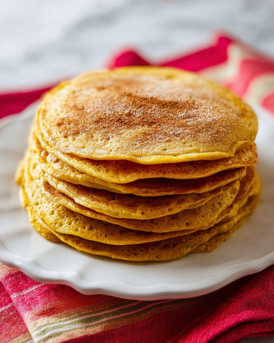 A tall stack of about eight golden-yellow pancakes sits on a white plate with a slightly wavy edge. The pancakes have a soft texture with many small holes on their surface, giving a light and airy look. The top pancake is sprinkled with a fine layer of light brown sugar or cinnamon powder, adding a hint of texture and color. The plate rests on a red cloth with pastel-linked stripes in the background, all set against a white marbled texture. photo taken with an iphone --ar 4:5 --v 7