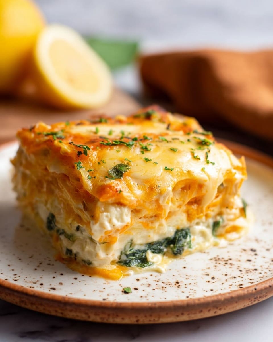 The image shows a sliced lasagna piece on a white speckled plate with a layered look, placed on a white marbled surface. The lasagna has multiple layers including a creamy white base, a layer with green spinach mixed in, and a top layer of melted yellow cheese with a slightly golden brown touch. The texture of the cheese looks soft and lightly bubbly, and the layers underneath appear moist and rich, showing a mix of creamy and vegetable textures. The background is softly blurred with warm tones, highlighting the lasagna in the foreground. Photo taken with an iphone --ar 4:5 --v 7