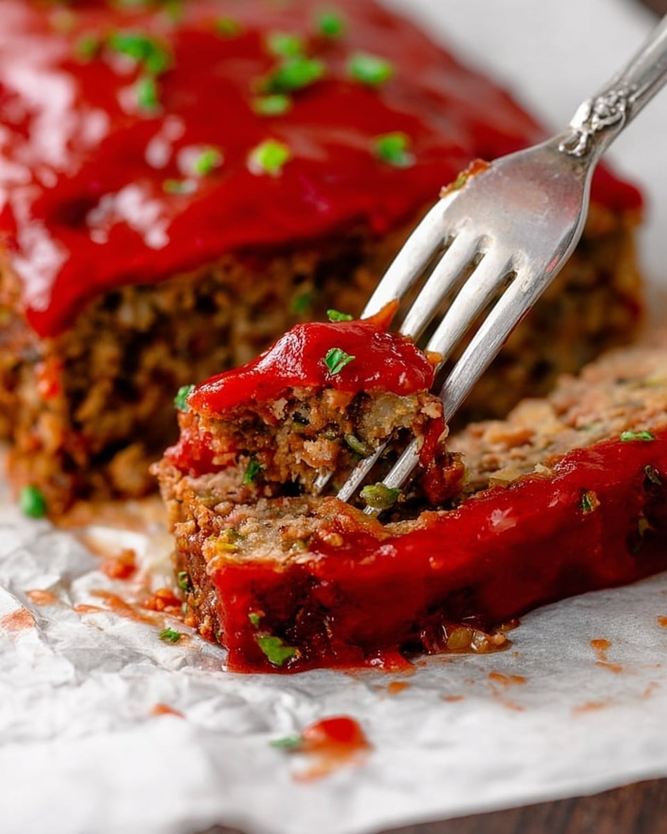 The image shows three thick slices of meatloaf placed on white parchment paper over a white marbled surface. Each slice has a rough, crumbly texture with visible pieces of cooked onion and small orange bits inside the brown meat mixture. A shiny, smooth layer of bright red sauce runs down the center of each slice, topped with some small green herb pieces. The overall look is hearty and homemade with the sauce adding a moist and glossy contrast to the textured meatloaf. photo taken with an iphone --ar 4:5 --v 7
