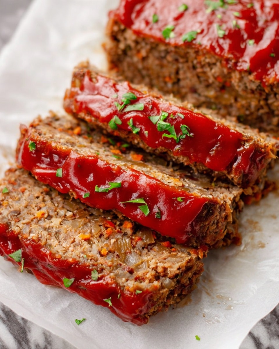A close-up view of a meatloaf slice topped with a smooth, shiny red sauce. The meatloaf has a coarse, textured look with bits of visible onion and herbs mixed throughout. The sauce layer is thick and covers the top fully, dripping slightly over the sides. Small green herb pieces are sprinkled on top of the sauce for color contrast. A silver fork is pressing gently into the meatloaf, lifting a small piece. The dish is placed on white parchment paper with a bit of sauce spread around, all set on a white marbled surface. Photo taken with an iphone --ar 4:5 --v 7