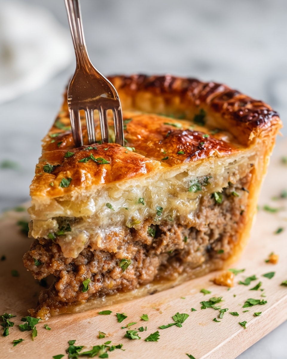 A round pastry with a golden brown crust featuring a diamond pattern on top, sprinkled with green herbs. The crust looks flaky and shiny. One slice is cut and laid beside the main pastry, showing a dense, finely textured filling that is light brown with small green herb bits mixed in. The pastry and slice rest on a wooden board, which is surrounded by a knife, fresh green leaves, and a bright orange slice. The background is a white marbled texture. Photo taken with an iphone --ar 4:5 --v 7