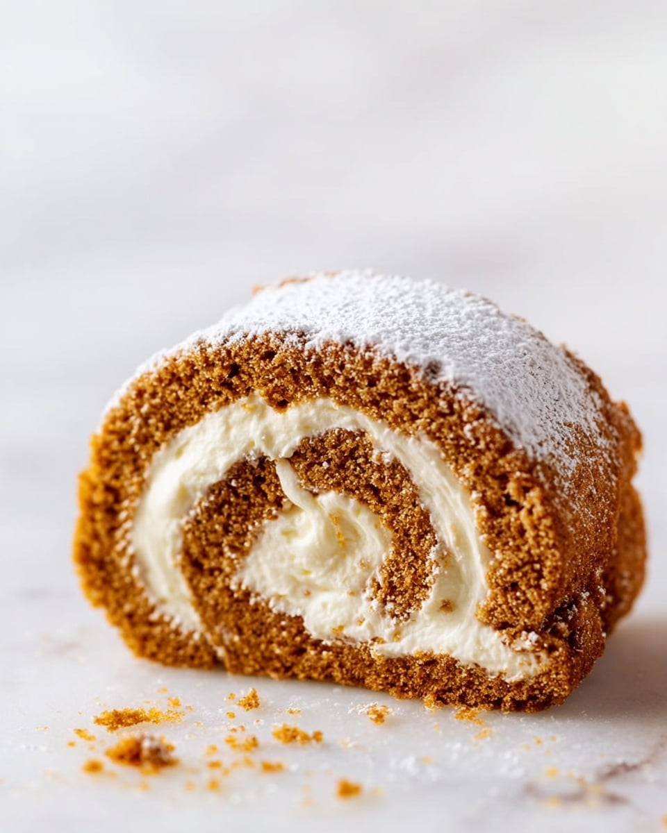 A single slice of a rolled brown cake with visible soft texture, filled with a thick white creamy layer spiraled inside. The top of the cake slice is lightly dusted with powdered sugar, giving it a soft white coating. The cake rests on a white marbled surface, with a few small crumbs scattered around, showing its delicate crumbly texture. photo taken with an iphone --ar 4:5 --v 7