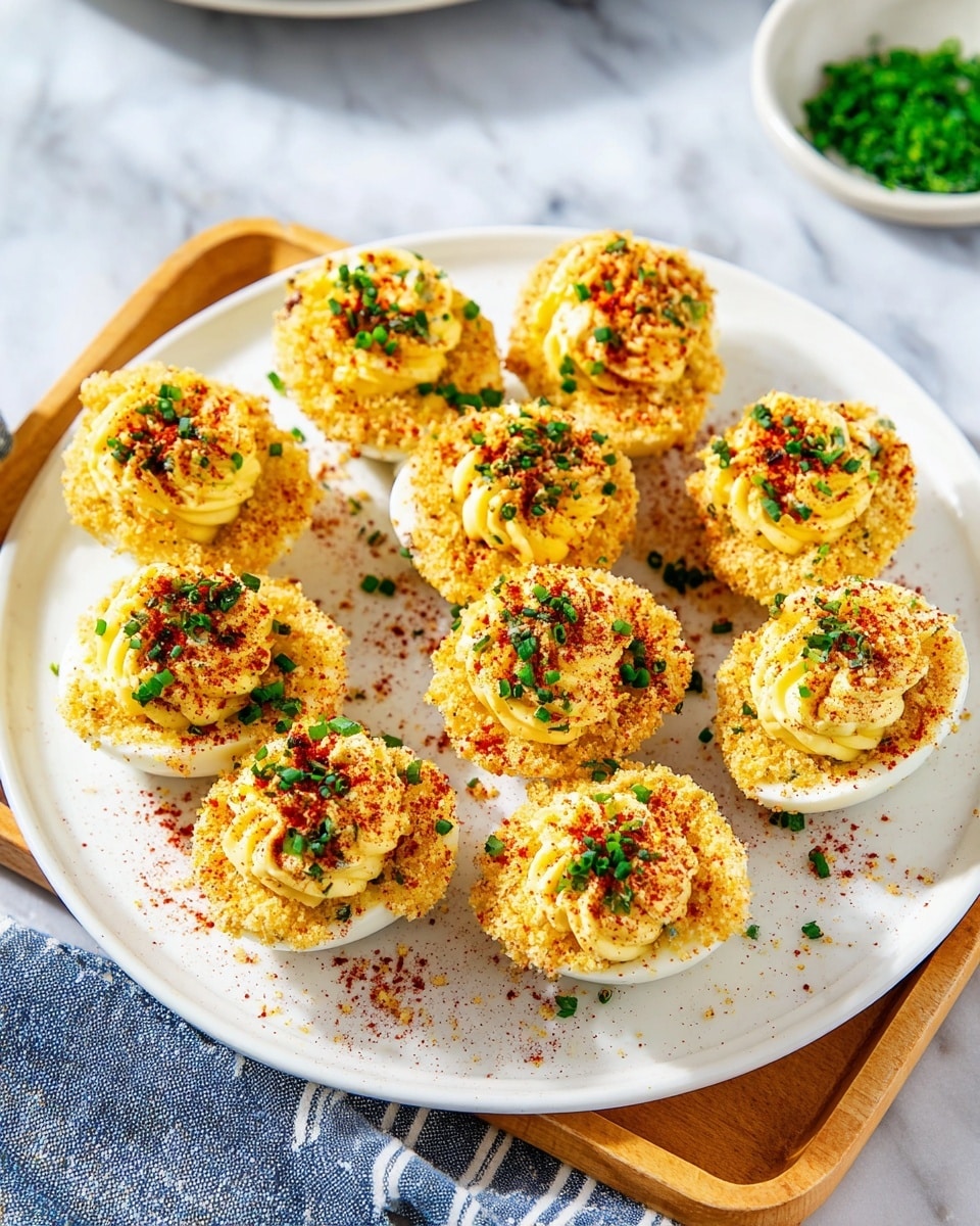 The image shows a white plate with twelve deviled eggs arranged on it. Each egg has a crispy, golden-brown crumb coating on the outside, creating a rough texture. On top of each egg is a light yellow creamy filling, piped in a swirled pattern. The filling is sprinkled with bright green chopped chives and a dusting of reddish-brown paprika. The plate sits on a white marbled surface with a wooden tray underneath, and a striped blue and white cloth is partially visible in the background. In the upper right corner, there is a small white bowl with extra chopped chives. photo taken with an iphone --ar 4:5 --v 7