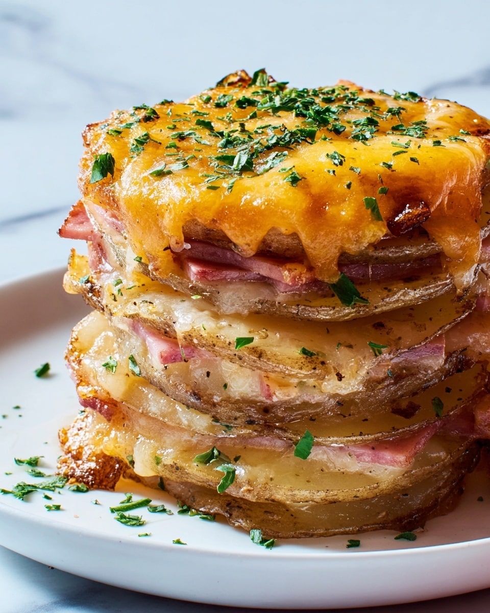 This image shows a stack of seven thick, round potato slices with a golden brown cooked outside. Between the potato layers, there are thin layers of melted cheese and small pieces of ham, adding a pink and creamy texture. The top layer is covered with a bright orange melted cheese sprinkled with chopped green herbs. The stack is placed on a white plate with a few scattered green herb pieces around it, and the background has a white marbled texture. photo taken with an iphone --ar 4:5 --v 7