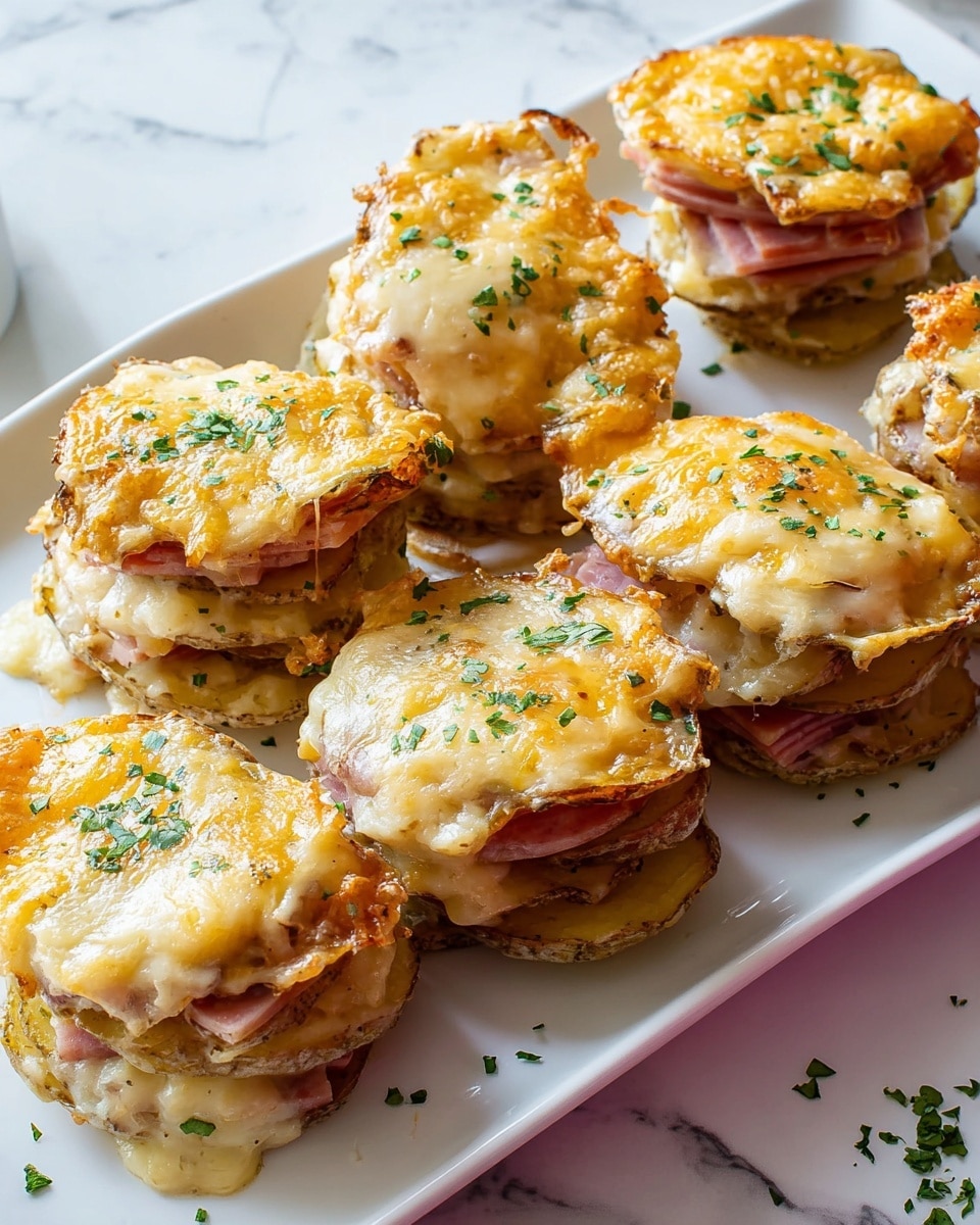 Five small round stacks sit on a white plate with a subtle raised edge. Each stack has three layers: the bottom is a pale, lightly browned baked base, the middle is a thin slice of pink ham, and the top is a bubbly, golden-yellow melted cheese layer sprinkled with small green herb bits. The stacks are uneven and rustic, with cheese slightly overflowing the edges. Around the plate are small scattered green herb pieces. In the top right corner, a white bowl holds chopped green herbs. The setting is on a white marbled surface. photo taken with an iphone --ar 4:5 --v 7