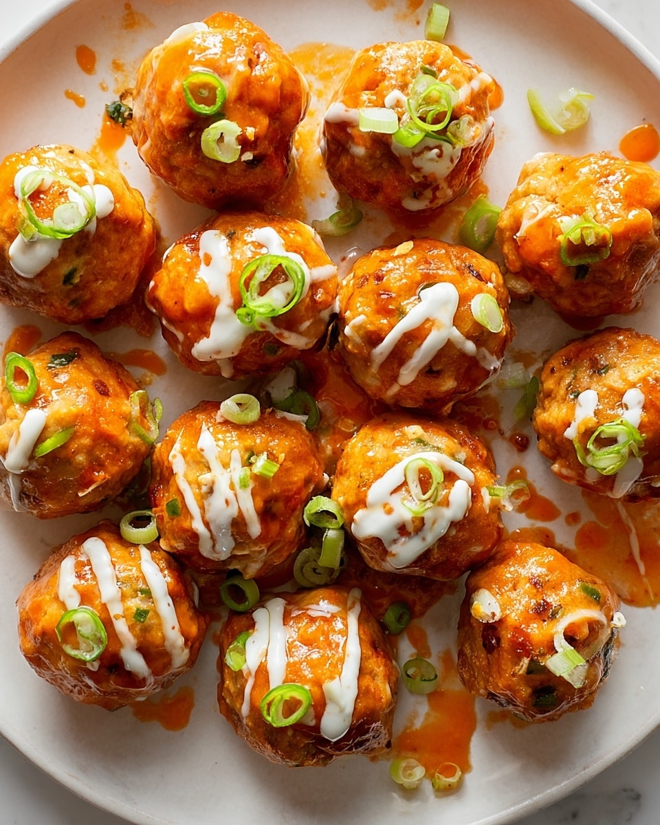 The image shows a white plate full of golden-orange meatballs coated in a shiny, slightly thick sauce. Each meatball is topped with thin slices of bright green onions, and some have thin stripes of creamy white sauce drizzled on top. The sauce pools lightly around the meatballs on the white plate, which sits on a white marbled surface. The meatballs have a slightly rough, textured surface with bits of green inside, giving a fresh and rich look. photo taken with an iphone --ar 4:5 --v 7
