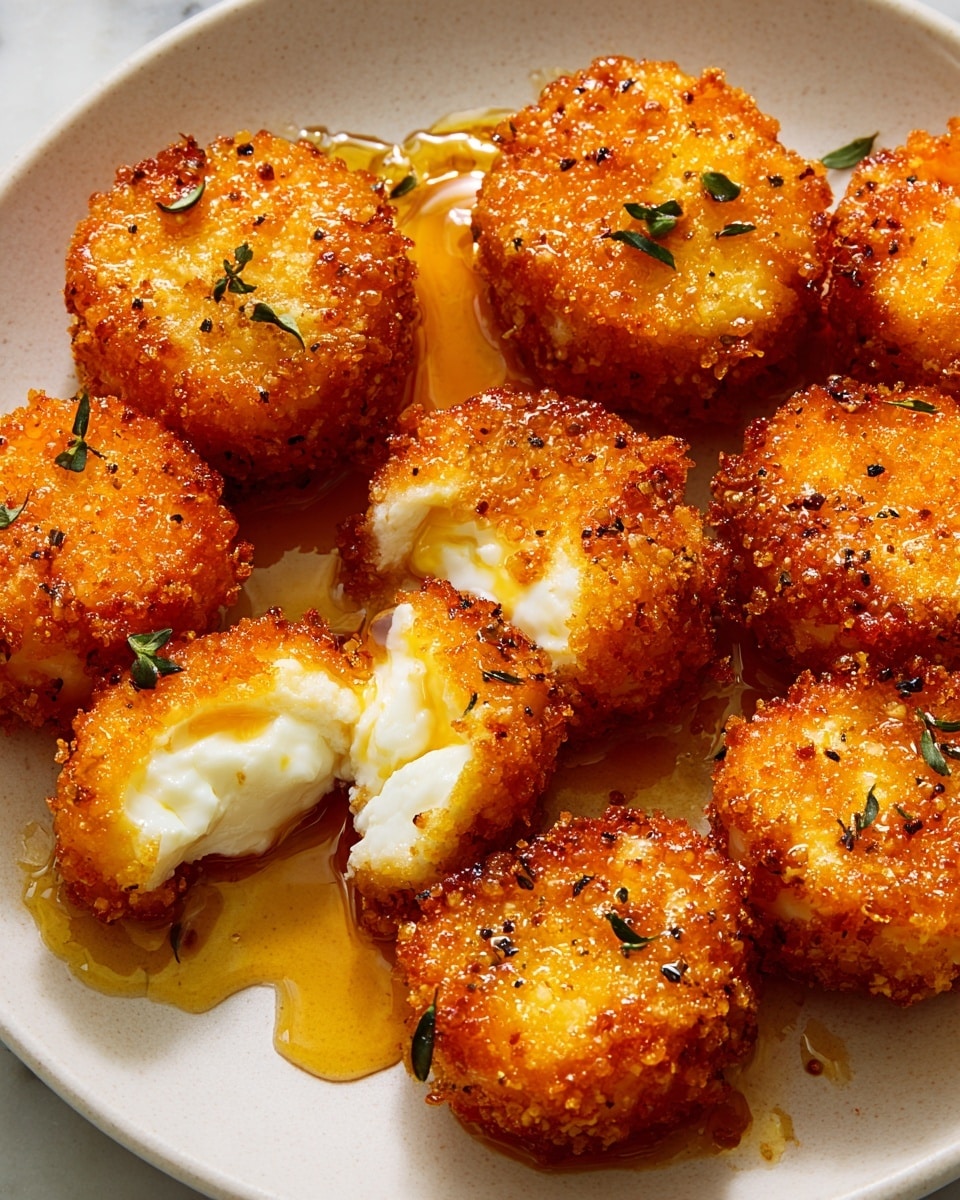A white plate holds nine golden brown fried cheese rounds with a crispy, textured crust speckled with small herbs, arranged closely. Two pieces are broken open, showing soft, creamy white cheese inside contrasting with the crunchy coating. The cheese rounds are drizzled with a shiny amber honey sauce pooling slightly on the white marbled surface beneath the plate area. Small green herb leaves are sprinkled on top, adding a contrasting touch of color. The lighting is bright, highlighting the glossy honey and crispy texture of the cheese rounds. photo taken with an iphone --ar 4:5 --v 7