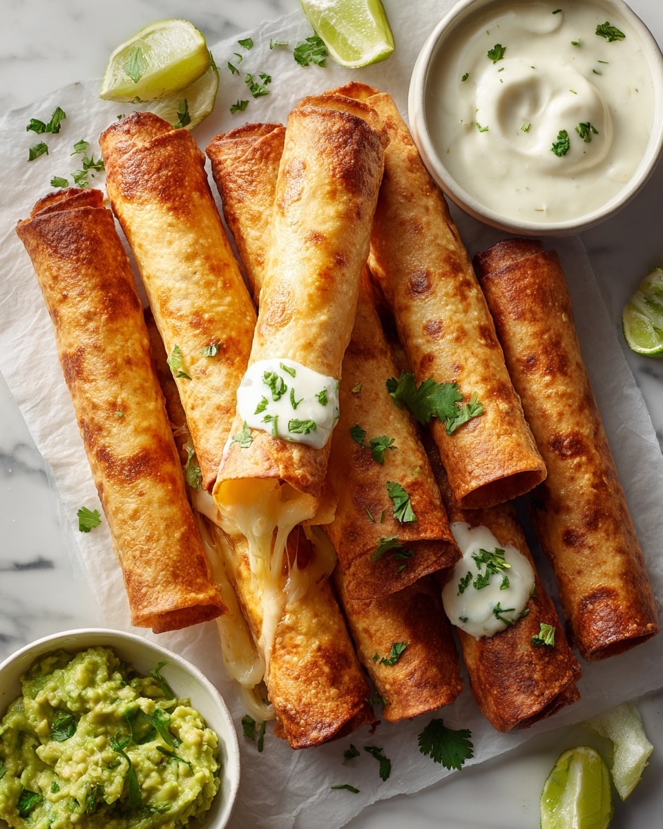 The image shows a group of seven golden-brown rolled taquitos arranged on a sheet of parchment paper over a white marbled surface. Some taquitos are closed tightly, and one is open with melted stretchy cheese oozing out. A few small dollops of white sauce with green herbs are on top of two taquitos. There are scattered bits of green cilantro leaves around the taquitos. In the top right corner, there is a white bowl with creamy white sauce flecked with herbs, and nearby are three lime wedges. On the bottom left, there is a white bowl filled with chunky green guacamole. The warm lighting highlights the crisp texture and golden color of the taquitos, emphasizing their inviting, crunchy look. photo taken with an iphone --ar 4:5 --v 7