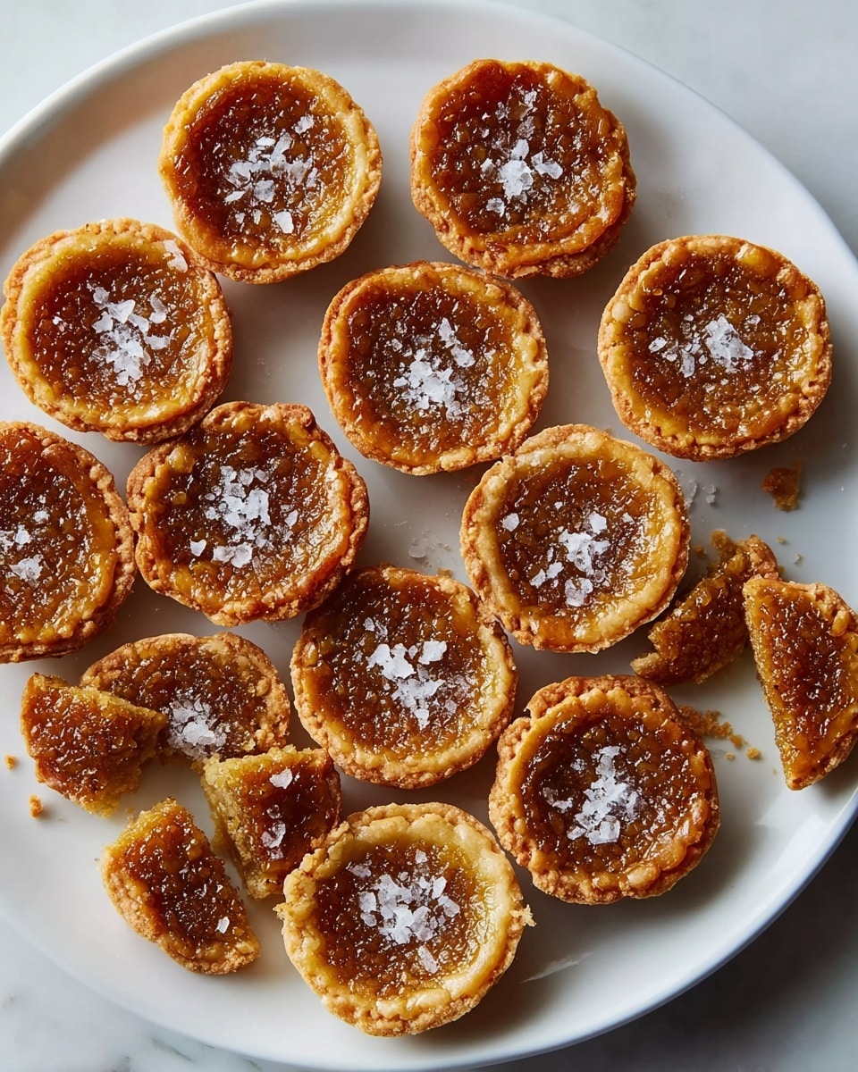 A white plate holds fifteen small, round tarts arranged loosely in a circle. Each tart has a golden-brown crust with a slightly raised edge, and a browned, textured filling that looks slightly sticky and caramelized on top. Flakes of white salt are scattered generously over all the tarts, adding a bit of contrast and sparkle. One tart is cut in half, showing a thin crust and thick filling inside. The plate sits on a white marbled surface. Photo taken with an iphone --ar 4:5 --v 7