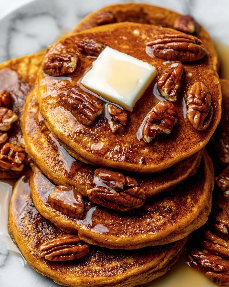 A stack of four thick, golden brown pancakes sits on a white plate with a portion cut out, showing a soft and fluffy inside texture. On top of the pancakes, there are glossy, caramelized pecans scattered and glazed with syrup that drips slightly down the sides of the stack. The pancakes have a slightly uneven, homemade look with a warm brown color. The background is softly blurred with a white marbled texture surface underneath the plate. photo taken with an iphone --ar 4:5 --v 7
