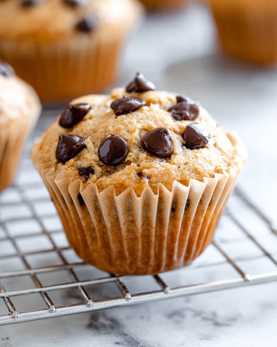 A close-up view of two chocolate chip muffins, one whole in the background and one broken in half in the front to show the inside texture. The muffins have a warm golden-brown color with dark chocolate chips scattered both inside and on top. The broken muffin is resting in a white paper liner that is slightly crinkled, placed on a white marbled surface. The chocolate chips stand out with their dark, glossy texture against the soft, crumbly muffin. Photo taken with an iphone --ar 4:5 --v 7