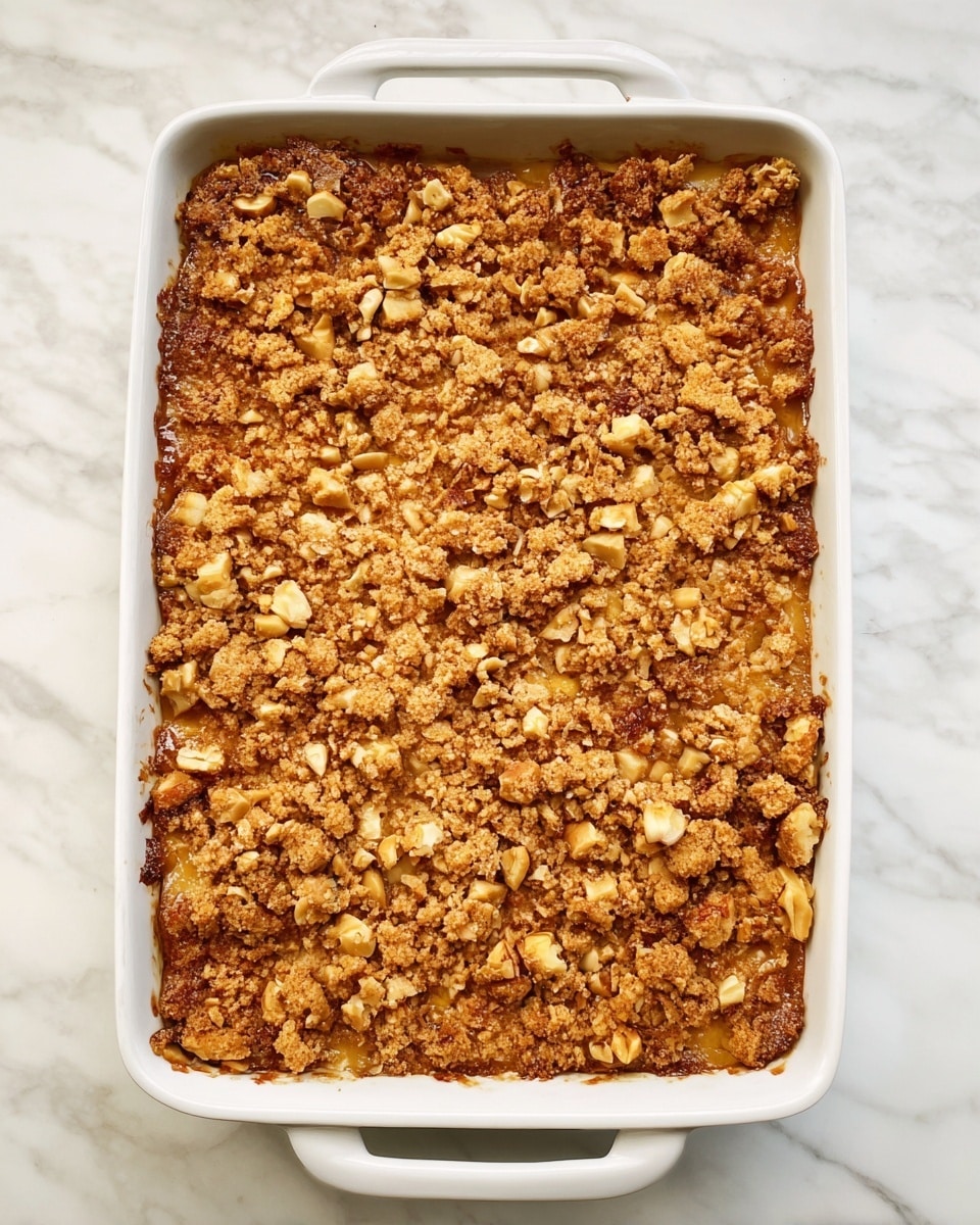 A rectangular white ceramic baking dish filled with a baked dessert that has one visible layer. The top layer is golden brown with a crumbly texture made of small and medium-sized chunks that look like nuts and pieces of a baked mixture. The dish sits on a white marbled surface, and there is no visible decoration or garnish on the dessert. Photo taken with an iphone --ar 4:5 --v 7