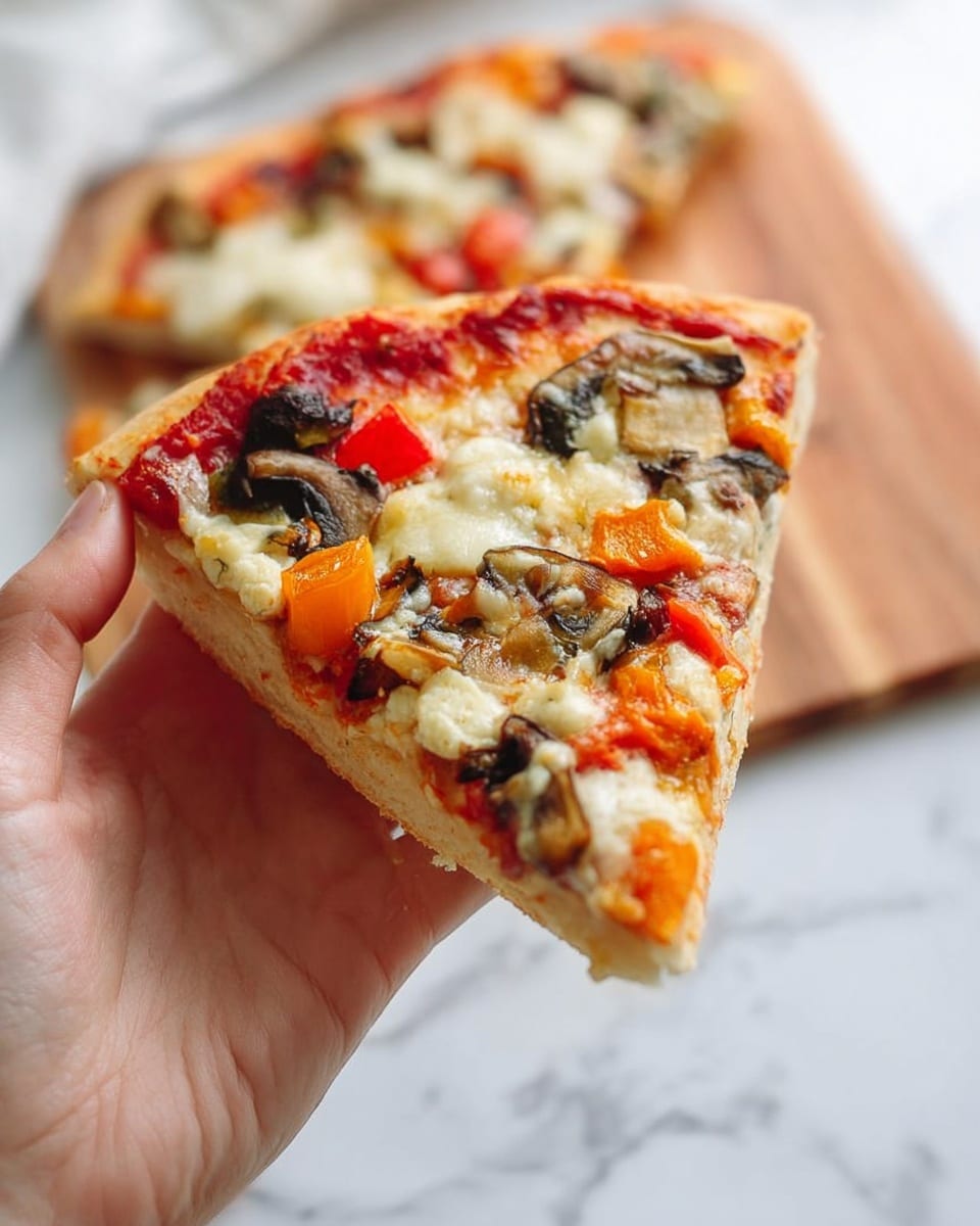 The image shows two small round pizzas placed on a wooden board with a white marbled surface underneath. Each pizza has a golden brown crust at the bottom, topped with a layer of red tomato sauce. Over the sauce, there is a thick layer of melted white and golden-brown cheese spread evenly. The pizzas are covered with chunks of various toppings including mushrooms, red and yellow bell peppers, and small pieces of black olives, with a light sprinkle of green herbs on top. One pizza is sliced into four pieces, and the other pizza shows part of two slices. The overall look is warm and inviting, with the cheese slightly bubbly and browned in places photo taken with an iphone --ar 4:5 --v 7